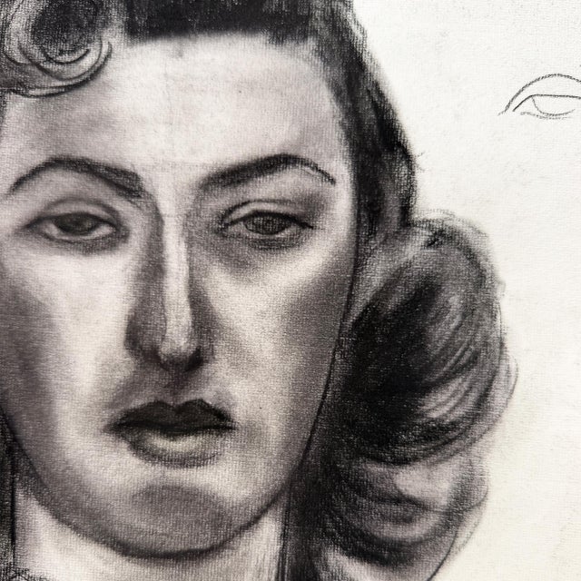 Mid 20th Century Vintage Black and White Charcoal Portrait Drawing of a Woman With Curled Hair For Sale - Image 5 of 8