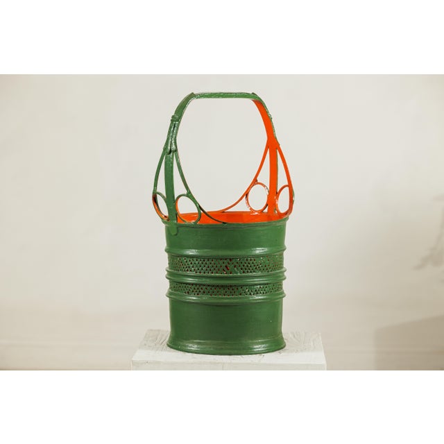 Antique Lacquered Metal Basket with Openwork Design in Green and Orange Finish For Sale - Image 18 of 18