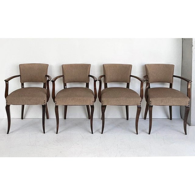 French Art Deco Beech Wood Armchairs by Jean Pascaud, Two Pairs Available c1940s Offered for sale are two pairs of French...