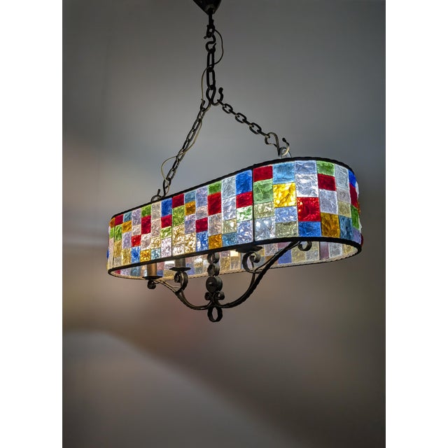 Large Italian Multicolor Hammered Glass and Wrought Iron Lamp, 1990s For Sale - Image 13 of 15