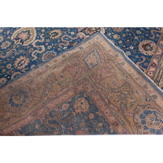 Blue Antique Indian Navy Blue and Beige Handmade Wool Carpet For Sale - Image 8 of 9