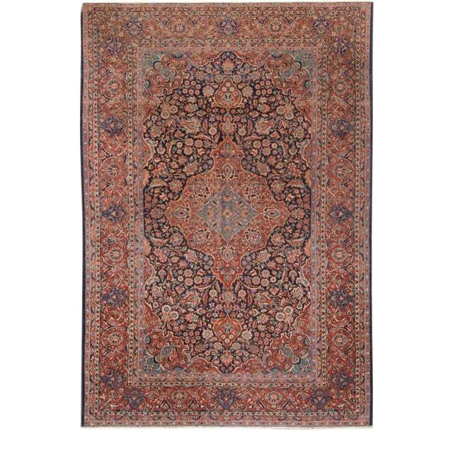 Antique Persian Kashan Handmade Medallion Blue and Red Scatter Rug For Sale