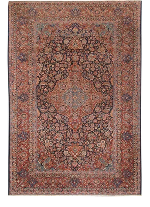 Antique Persian Kashan Handmade Medallion Blue and Red Scatter Rug