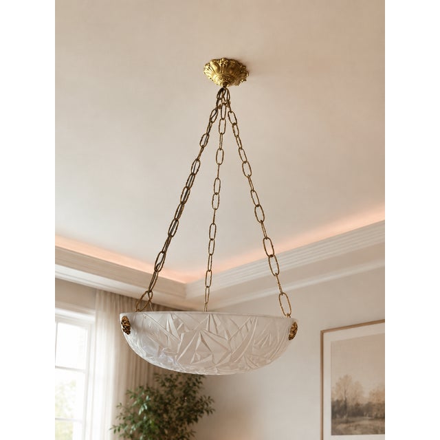 Gold French Art Deco Hanging Light with Molded Glass Shade, 1933 For Sale - Image 8 of 9