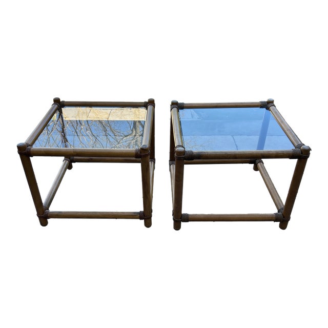 1960s Italian Style Bamboo and Glass End Tables For Sale
