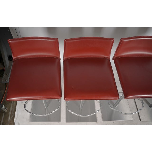Metal Set of Four Frag Bottega Italian Red Leather Adjustable Swivel Bar Stools For Sale - Image 7 of 10