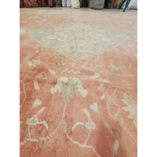Antique Oushak Carpet, Oriental Rug, Handmade Ivory, Muted Coral, Soft Green For Sale - Image 4 of 13
