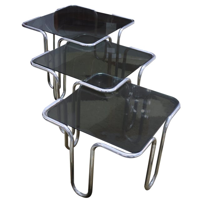 Smoked Glass Chrome Coffee Tables, 1970s, Set of 3 For Sale