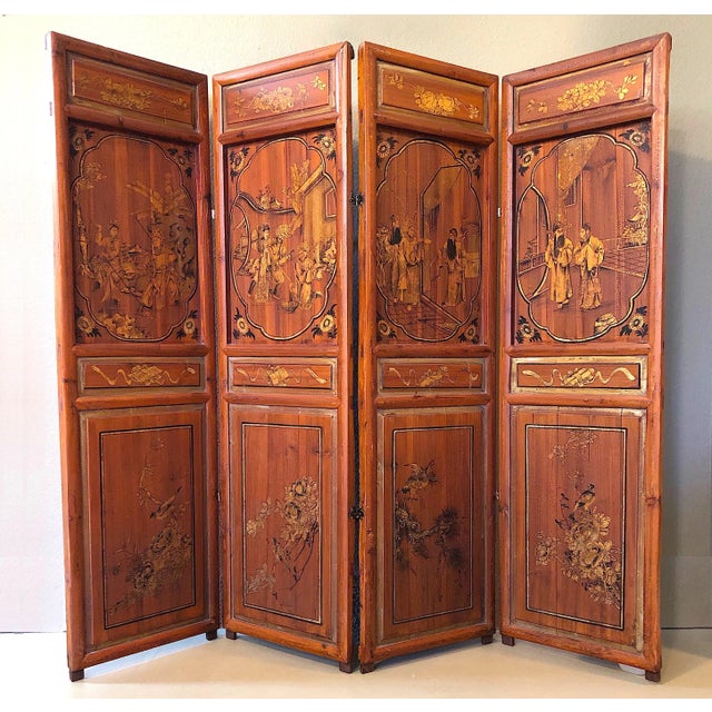 Antique Chinese Hand Painted 4-Panel Wood Screen For Sale - Image 13 of 13