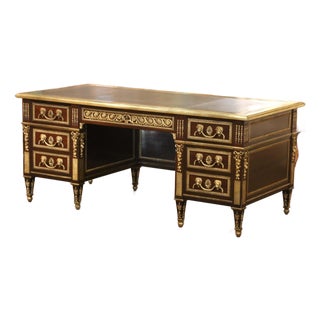 19th Century French Louis XVI Mahogany, Bronze & Leather-Top Partner Desk For Sale