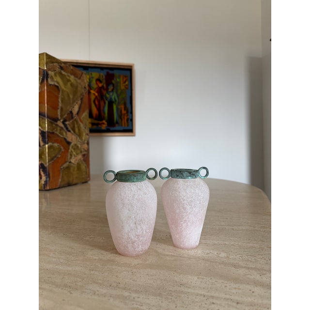 Pair of Scavo Murano-Style Glass Vessels Bud Vases Pink Verdigris Metal Handles For Sale - Image 10 of 18