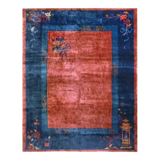 1920s Red Raspebery Floral Antique Chinese Art Deco Rug 9'4" X 11'4" Hand Knotted Wool Carpet For Sale