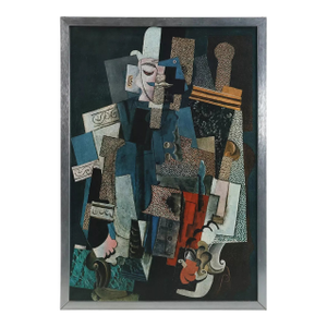 1960s After Picasso, Vintage Litho-Print 28 X 19 In. Modern Abstract Cubism "Man With Pipe" 1915, Framed