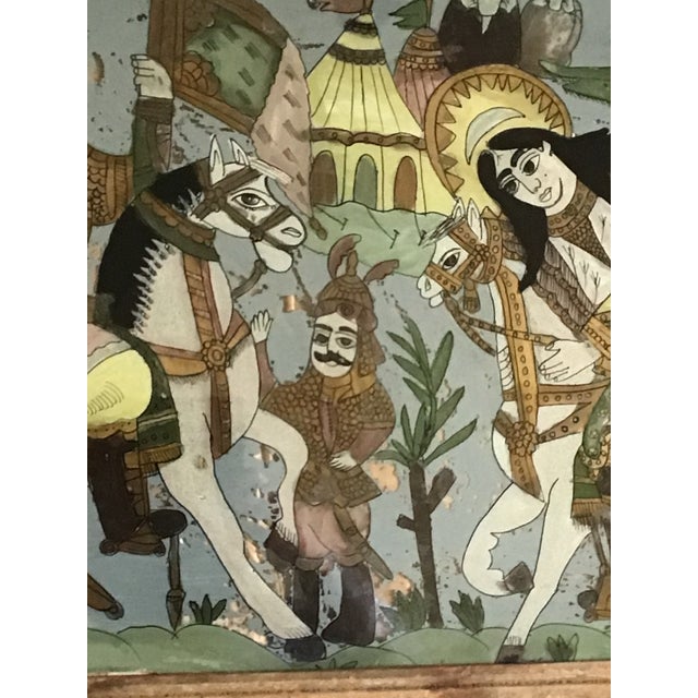 19th Century Large 19th-Century Persian Qajar Dynasty Reverse Glass Painting – Battle Encampment Scene For Sale - Image 5 of 12