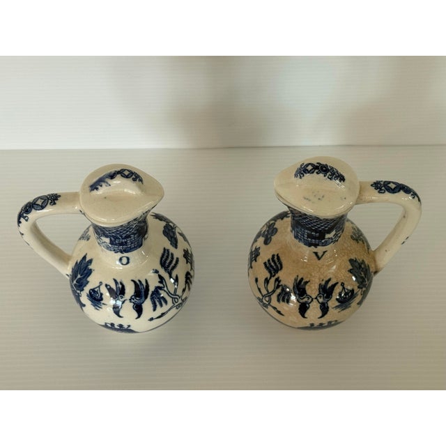 Antique Blue & White Transferware Oil and Vinegar Cruet Set With Original Stoppers, Circa 1900 For Sale - Image 9 of 11