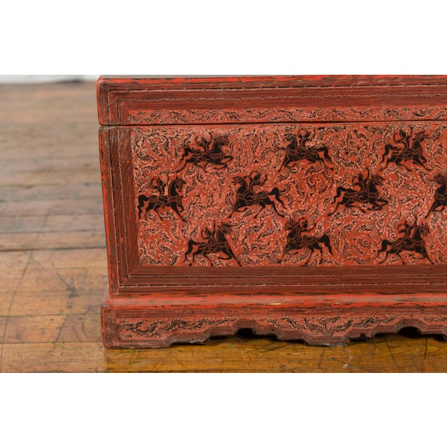 Chinese Chinese Late 19th Century Red Trunk with Black Hand-Painted Riders on Horses For Sale - Image 3 of 13
