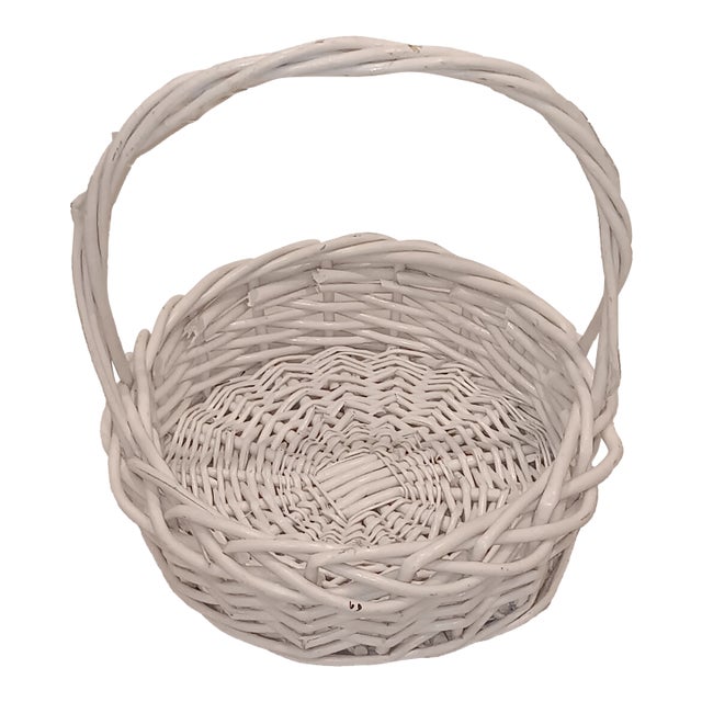 Vintage Large French Style Hand Woven Painted White Natural Wicker Basket For Sale