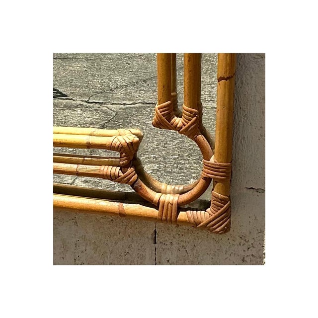 Camel Vintage Coastal Four Corners Rattan Mirror For Sale - Image 8 of 8