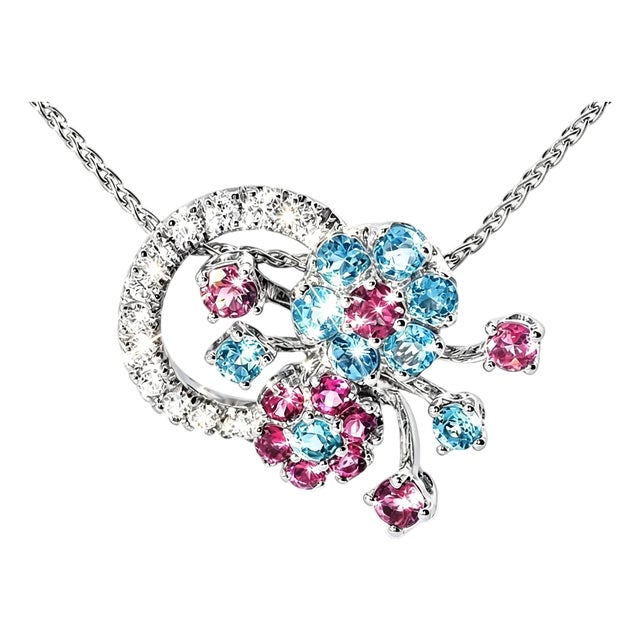 Late 20th Century 18K White Gold Tourmaline Topaz Diamond Floral Necklace For Sale