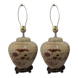 Set of 2 Vintage Chinese Glass Lamps With Finials in Beige and Rust With Wood Base For Sale