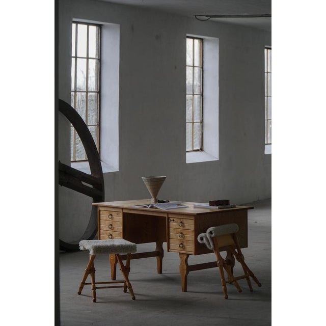 1950s Mid-Century Modern Danish Folding Stools with Sheepskin Upholstery, 1960s, Set of 2 For Sale - Image 5 of 14