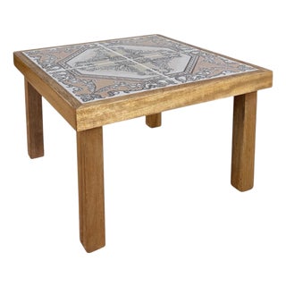 Mid-Century French Tiger Oak Side Table with Tiles, 1970s For Sale