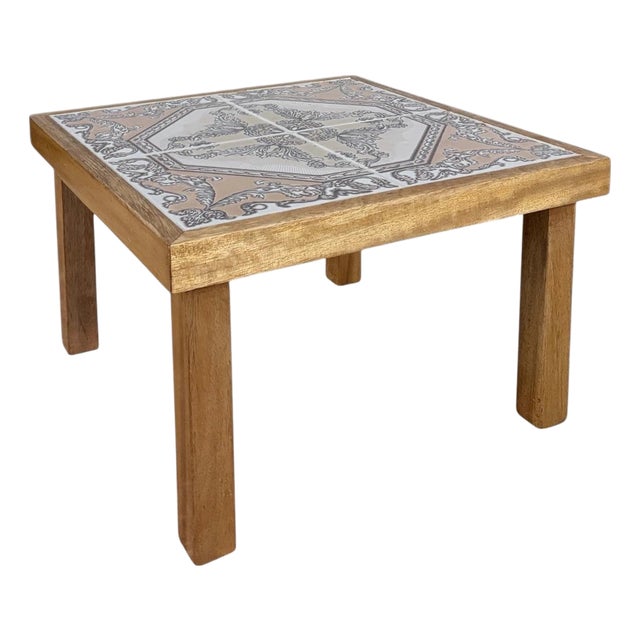 Mid-Century French Tiger Oak Side Table with Tiles, 1970s For Sale