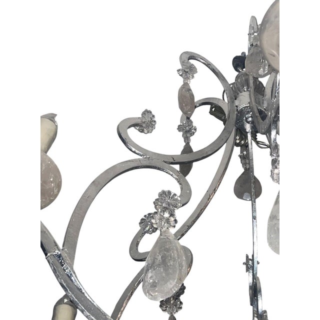 1950s 1950's Italian Silvered Wrought Iron and Rock Crystal Chandelier For Sale - Image 5 of 6