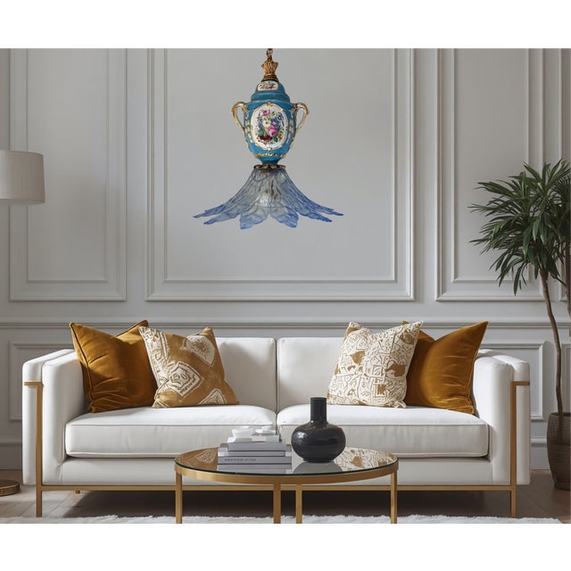 Antique Sevres-Style Bleu Celeste Romantic Floral Porcelain With Murano Art Glass Lotus Blue Shade For Sale - Image 14 of 17