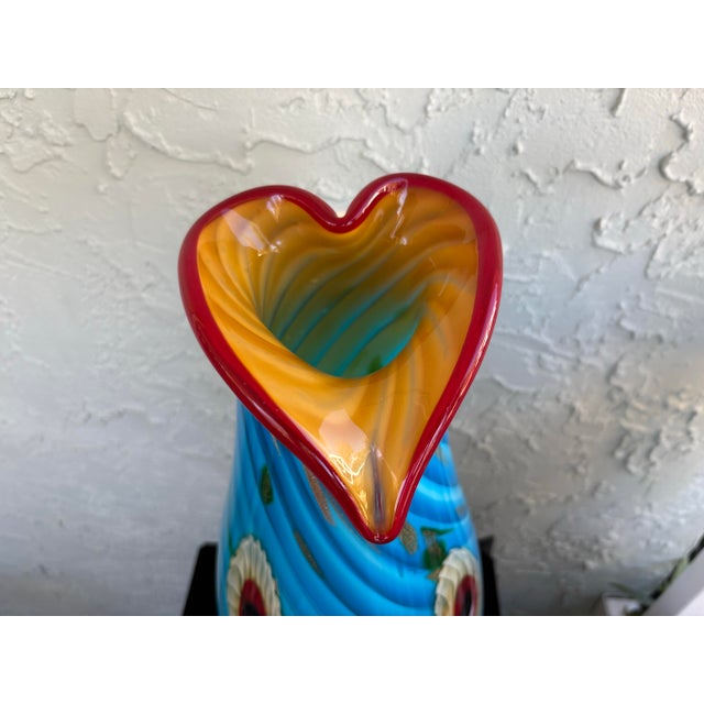 Large Vintage Murano Art Glass Vase With Millefiori Flowers, Gold Aventurine & Heart-Shaped Rim, Italy For Sale - Image 9 of 12