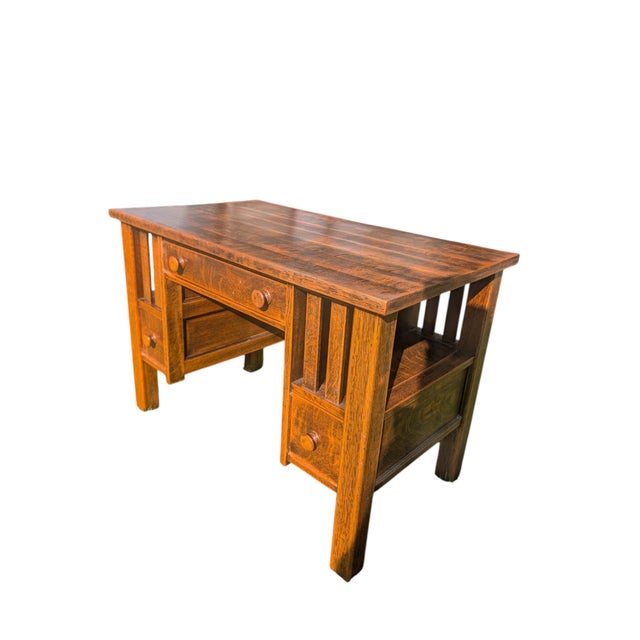 Antique Mission Style Quartersawn Oak Desk | Arts & Crafts Era Kneehole Library Writing Table For Sale - Image 6 of 17