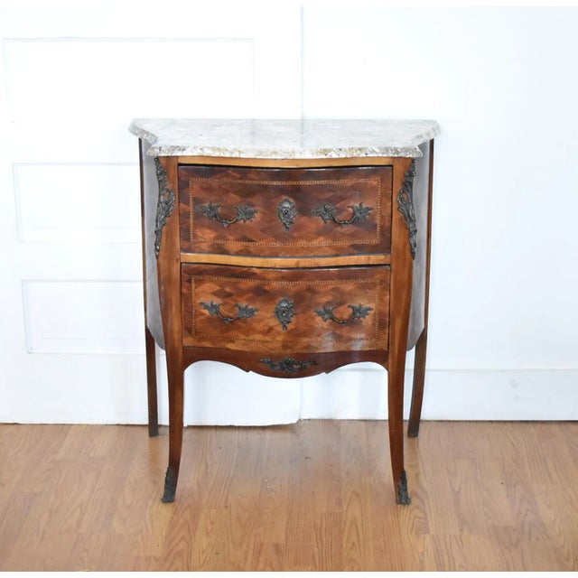 Antique Louis XV-Style Bombe Marquetry, Ormolu, & Marble Top Bombe Chest of Drawers For Sale - Image 10 of 11