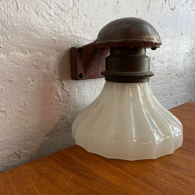 Gray Antique Industrial Cast Iron Wall Sconce With Milk Glass Shade For Sale - Image 8 of 12