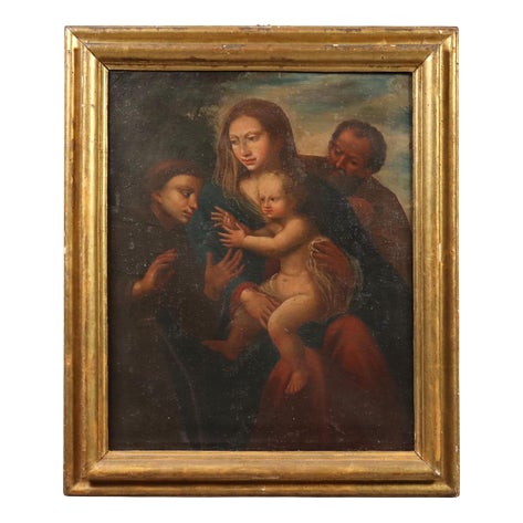Holy Family with a Franciscan Saint, Oil on Canvas, Framed For Sale