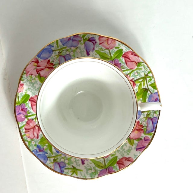 Shabby Chic Reserved - Vintage Sweet Pea Tea Cup & Saucer, April Birthday Flower of the Month, Royal Standard Bone China, England For Sale - Image 3 of 7
