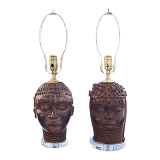 Early 19th Century Benin Oba Head Lamps, Pair For Sale