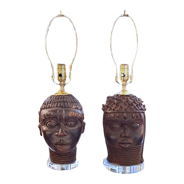 Early 19th Century Benin Oba Head Lamps, Pair For Sale