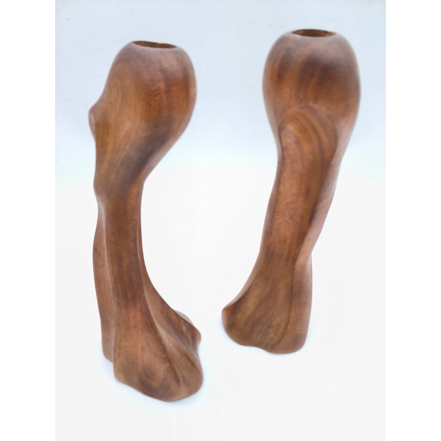 1960s Mid Century Modern Wood Carved Candlesticks - Pair For Sale - Image 5 of 11