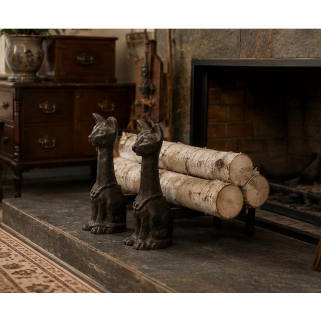 Onyx A Pair of Vintage Mid-Century Stylized Cast Iron Cat Andirons For Sale - Image 8 of 12