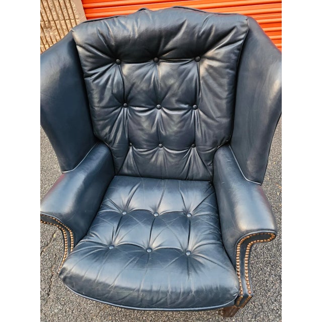 Vintage Blue Tufted Leather Wing Chair and Ottoman by Classic Leather For Sale In Washington DC - Image 6 of 10