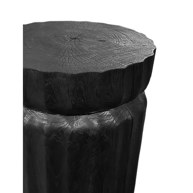 Round Teak Wood Side Table, Carved Detailing, Modern Organic, Burnt Finish For Sale - Image 4 of 5