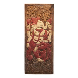 Vintage Carved Blessing Ganesha Wall Art Sculpture – Handcrafted Indian Wooden Barn Door 83x36 For Sale