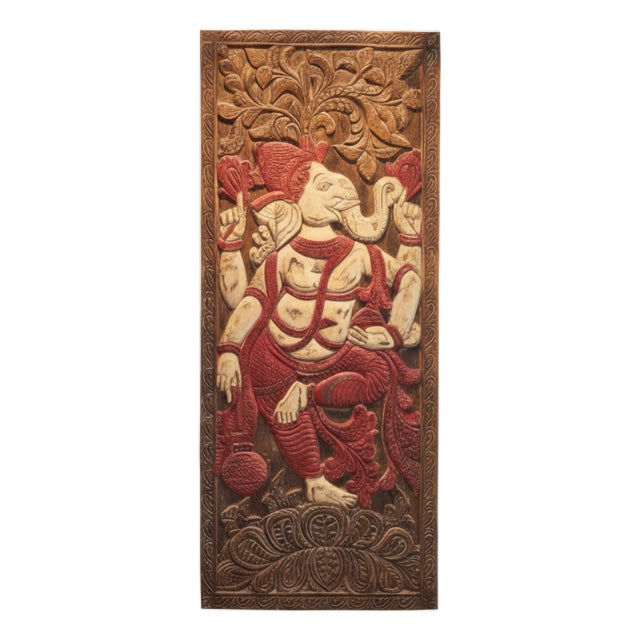 Vintage Carved Blessing Ganesha Wall Art Sculpture – Handcrafted Indian Wooden Barn Door 83x36 For Sale