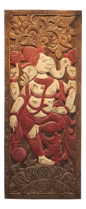 Vintage Carved Blessing Ganesha Wall Sculpture – Handcrafted Indian Wooden Door Panel 83x36