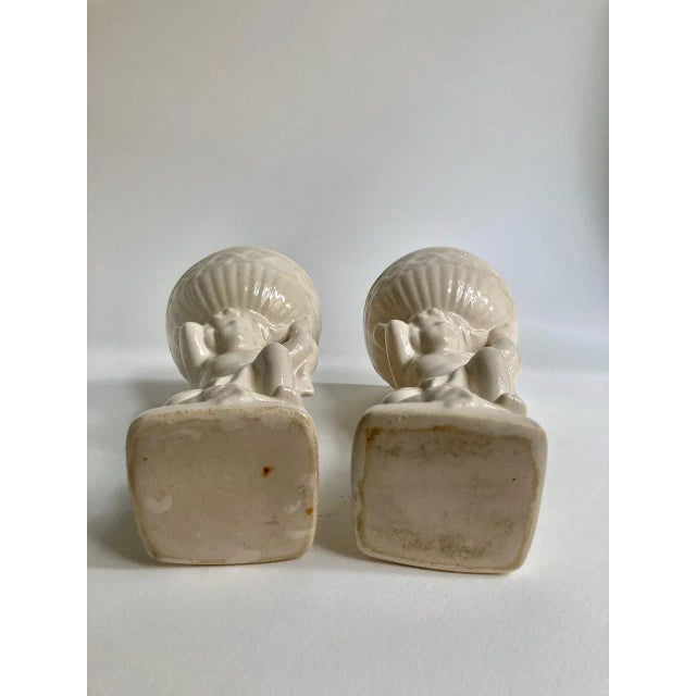 Mid 20th Century Cream Ceramic Cherub Vases Candle Holders - A Pair For Sale - Image 10 of 13