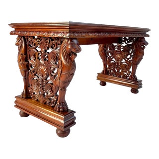 Vintage Carved Lion Wood Library Console Desk For Sale