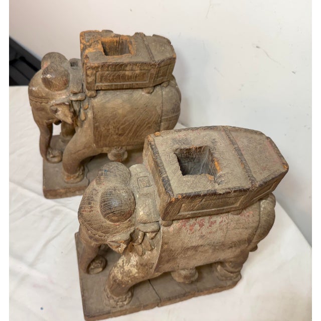 Pair of Antique 1700's Hand Carved Wood India Temple Salvage Elephant Sculptures For Sale - Image 4 of 18