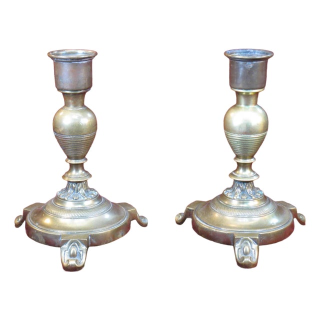 Brass Candleholders Pair Antique 1880-90s Victorian, Aesthetic Movement, French For Sale