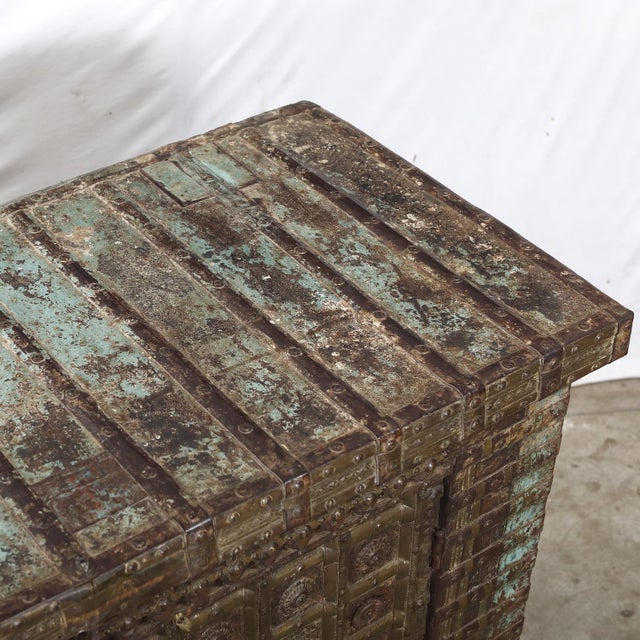 Indian Antique Indian Painted Teakwood and Brass Pitara Chest Console For Sale - Image 3 of 8