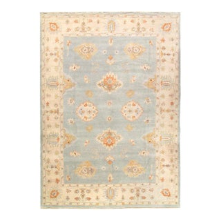 Light Blue Fine Hand Knotted Oushak Rug For Sale